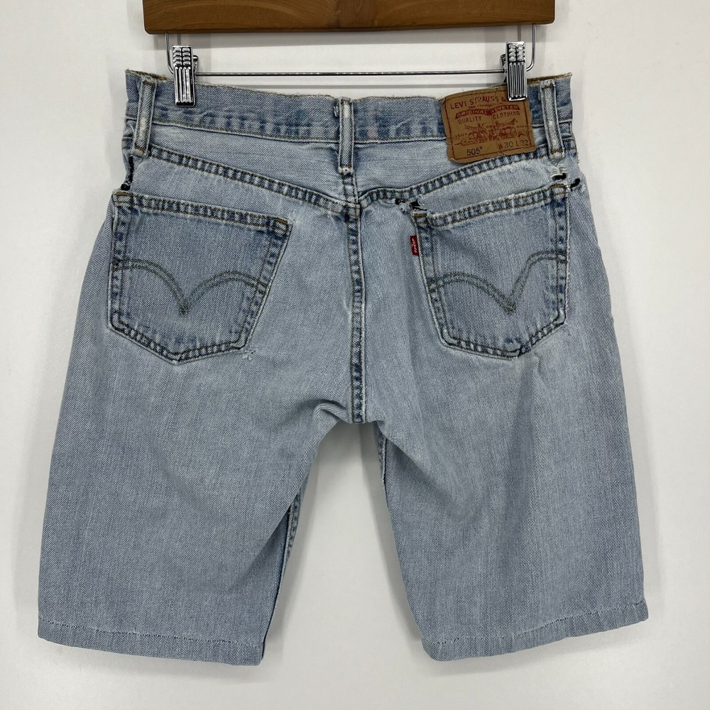 Levis 505 Mens Distressed Straight Fit Denim Jean Shorts Light Wash W30 Vtg